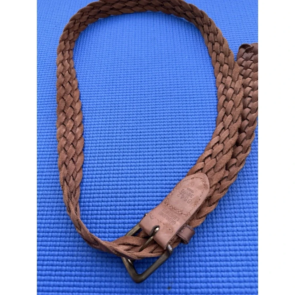 Women's Brown Genuine Leather Braided Belt Size 38/90 Adjustable Buckle